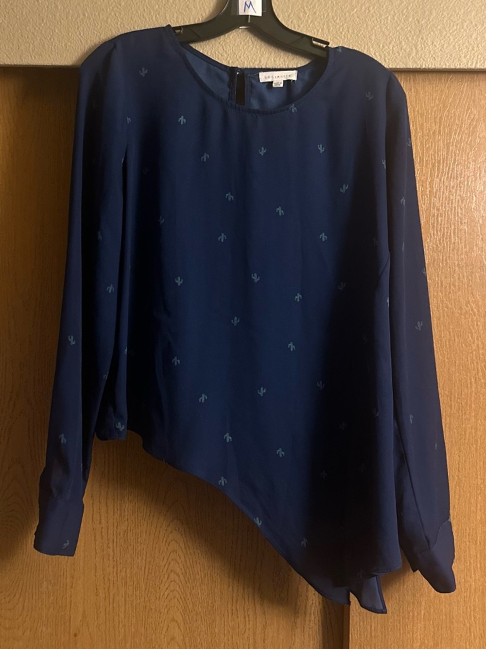 Socialite Navy Long-Sleeve Blouse with Subtle Cactus Motif